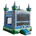 Grey and green castle-themed bouncy castle with pointed turrets, mesh sides, and a small entry ramp. Perfect for kids' events. Buy online in Canada.
