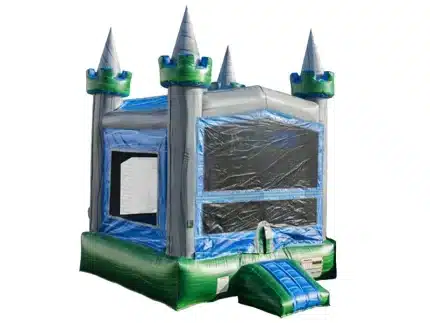 Grey and green castle-themed bouncy castle with pointed turrets, mesh sides, and a small entry ramp. Perfect for kids' events. Buy online in Canada.