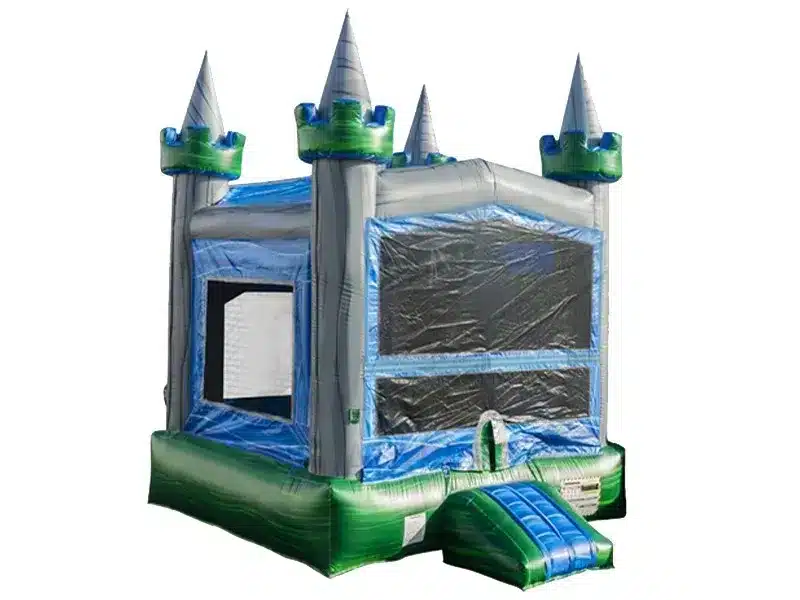 Grey and green castle-themed bouncy castle with pointed turrets, mesh sides, and a small entry ramp. Perfect for kids' events. Buy online in Canada.