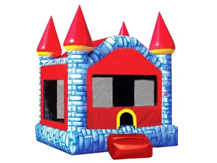 Red and blue castle-themed bouncy castle with turrets, mesh sides, and front entrance step. Perfect for kids' parties. Buy online in Canada now!