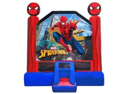 Spider-Man bouncy castle featuring a vibrant superhero design, perfect for kids' events. Durable, high-quality, and available for online purchase in Canada.
