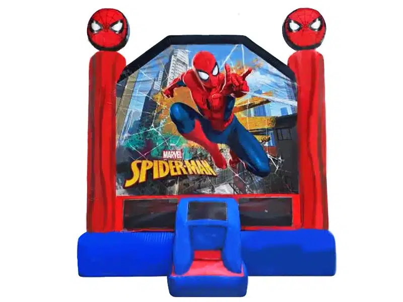 Spider-Man bouncy castle featuring a vibrant superhero design, perfect for kids' events. Durable, high-quality, and available for online purchase in Canada.