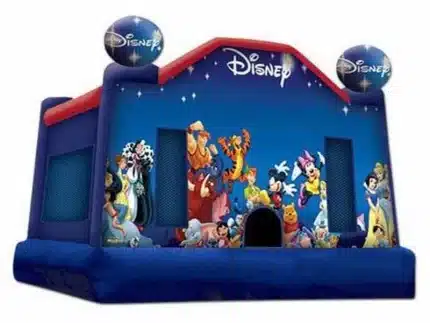 Disney-themed bouncy castle with vibrant characters, perfect for kids' parties. High-quality and available for online purchase in Canada.