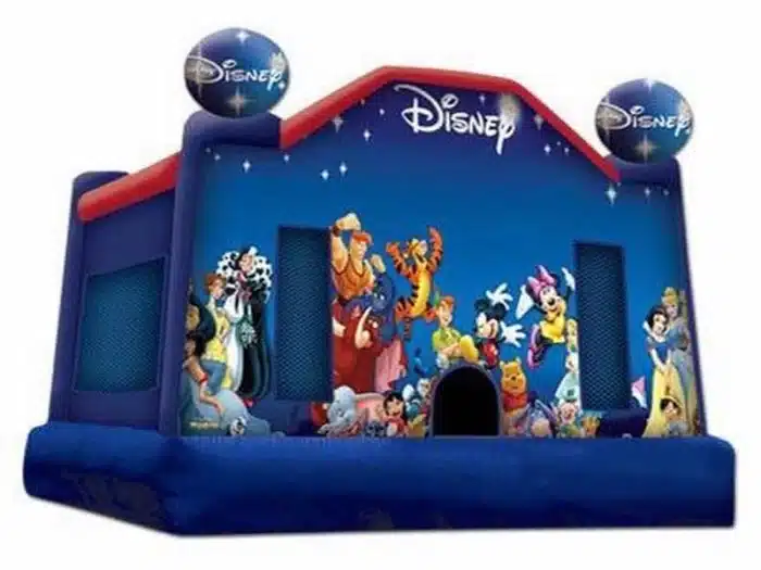 Disney-themed bouncy castle with vibrant characters, perfect for kids' parties. High-quality and available for online purchase in Canada.