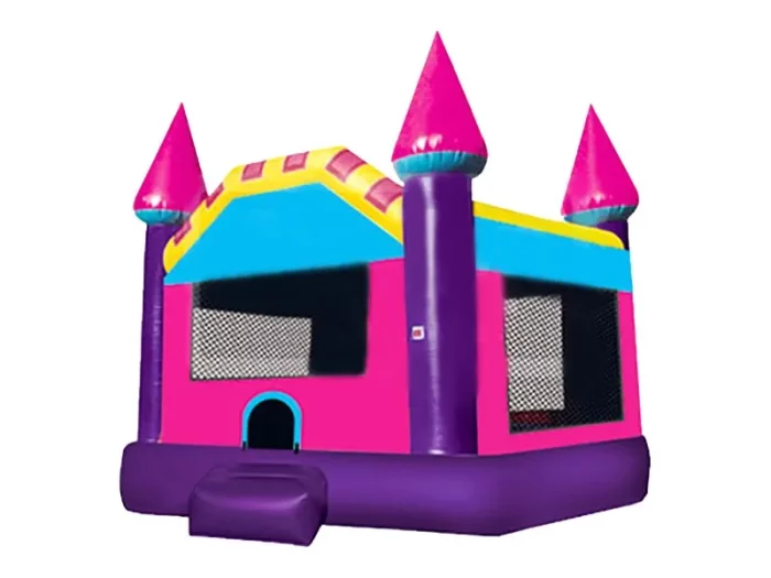 Vibrant pink and purple bouncy castle with turrets, mesh sides, and step entrance. Perfect for kids' parties. Buy online in Canada today!