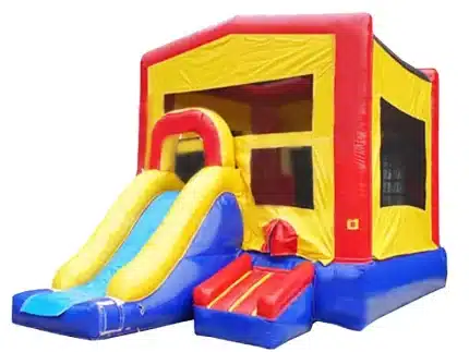 Bright yellow, red, and blue bouncy castle with attached slide and mesh sides. Ideal for kids' parties. Affordable and available to buy online in Canada!