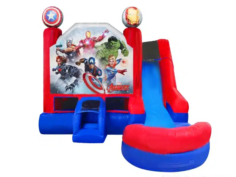 Avengers-themed inflatable bouncy castle with slide and vibrant superhero design. Perfect for kids' parties. Buy online in Canada for endless fun!