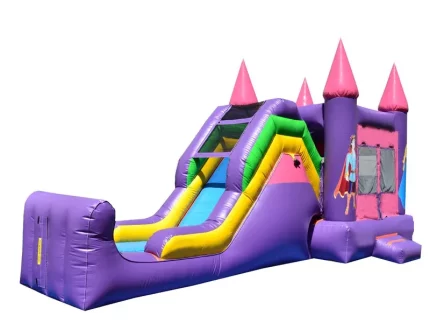 Purple and pink castle-themed bouncy castle with tall turrets, slide, and vibrant design. Perfect for kids' events. Buy online in Canada today!