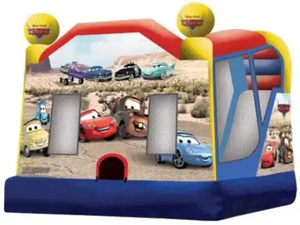 Colorful bouncy castle with car-themed design, mesh sides, and slide. Perfect for kids' parties. Affordable and available online in Canada!