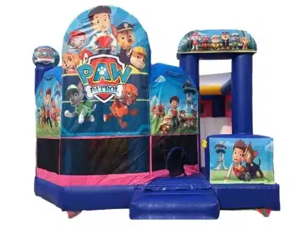 Paw Patrol-themed bouncy castle with bright colors, slide, and mesh sides. Perfect for kids' events. Buy online in Canada today!