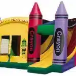 Crayon-themed bouncy castle with colorful design, slide, and mesh sides. Great for kids' parties. Buy online in Canada at an affordable price!