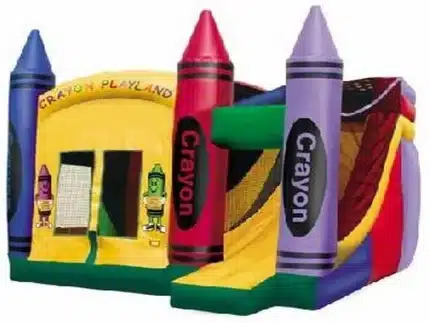 Crayon-themed bouncy castle with colorful design, slide, and mesh sides. Great for kids' parties. Buy online in Canada at an affordable price!