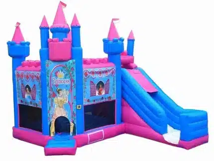 Princess-themed bouncy castle with pink turrets, vibrant design, and slide. Perfect for birthday parties. Buy online in Canada today!