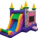 Colorful princess castle inflatable with slide, ideal for kids' parties. Durable, affordable, and available for online purchase in Canada!