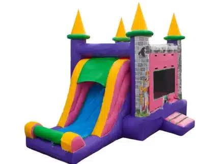 Colorful princess castle inflatable with slide, ideal for kids' parties. Durable, affordable, and available for online purchase in Canada!
