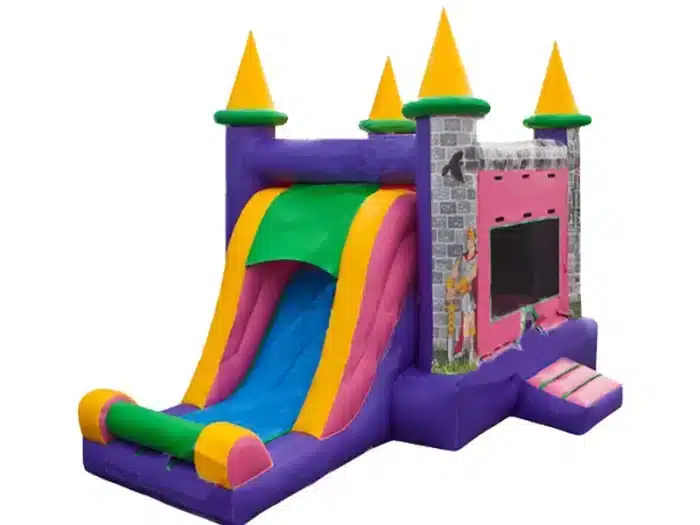 Colorful princess castle inflatable with slide, ideal for kids' parties. Durable, affordable, and available for online purchase in Canada!
