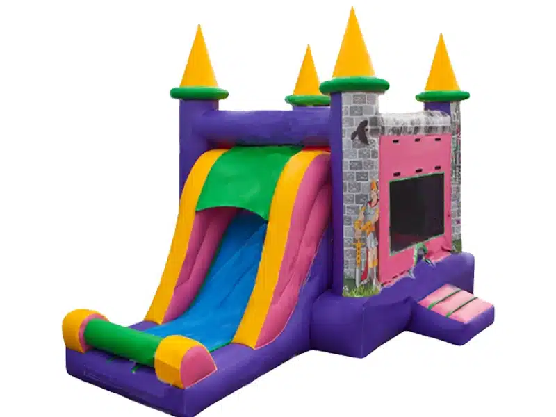 Colorful princess castle inflatable with slide, ideal for kids' parties. Durable, affordable, and available for online purchase in Canada!