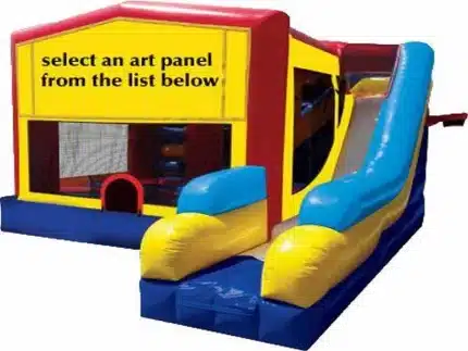 Customizable bouncy castle with yellow, red, and blue design, slide, and art panel options. Perfect for events. Buy online in Canada today!