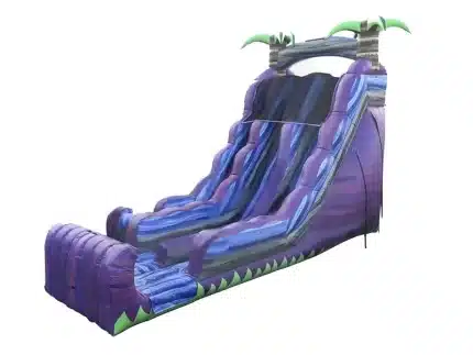 Large tropical-themed inflatable water slide with vibrant purple and green design. Perfect for summer parties. Buy online in Canada today!