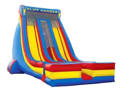 Cliff Hanger inflatable slide with vibrant red, yellow, and blue design. Perfect for thrilling events. Buy online in Canada today!
