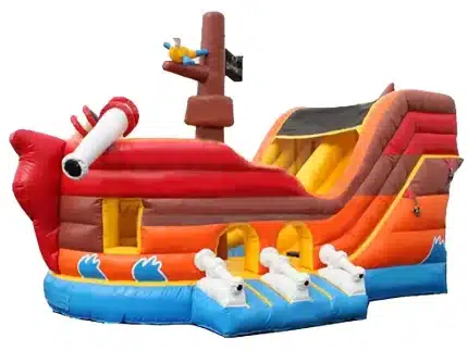 Pirate ship-themed inflatable with slide, cannons, and vibrant design. Perfect for adventure-filled parties. Buy online in Canada today!