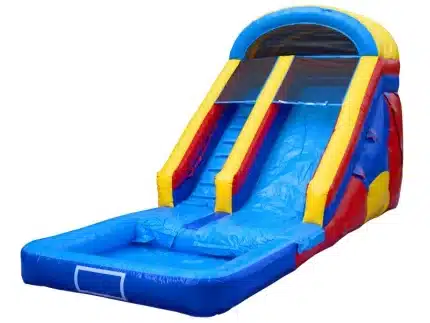 Vibrant inflatable water slide with red, yellow, and blue design, featuring a splash pool. Perfect for outdoor events. Buy online in Canada today!