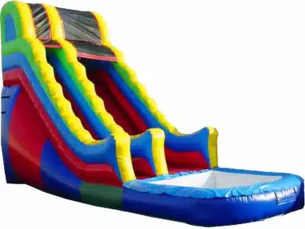 Colourful inflatable water slide with splash pool, perfect for summer fun. High-quality and affordable. Buy online in Canada for kids' events!