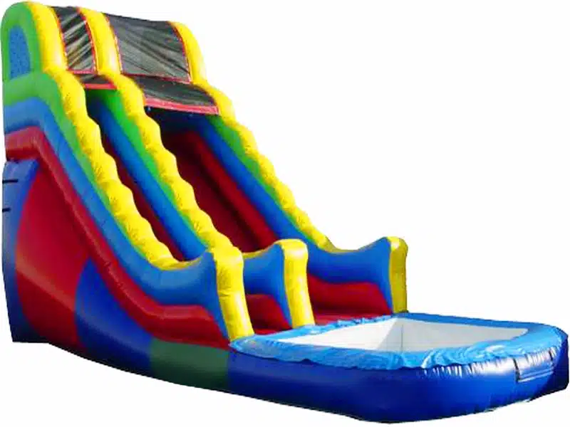 Colourful inflatable water slide with splash pool, perfect for summer fun. High-quality and affordable. Buy online in Canada for kids' events!