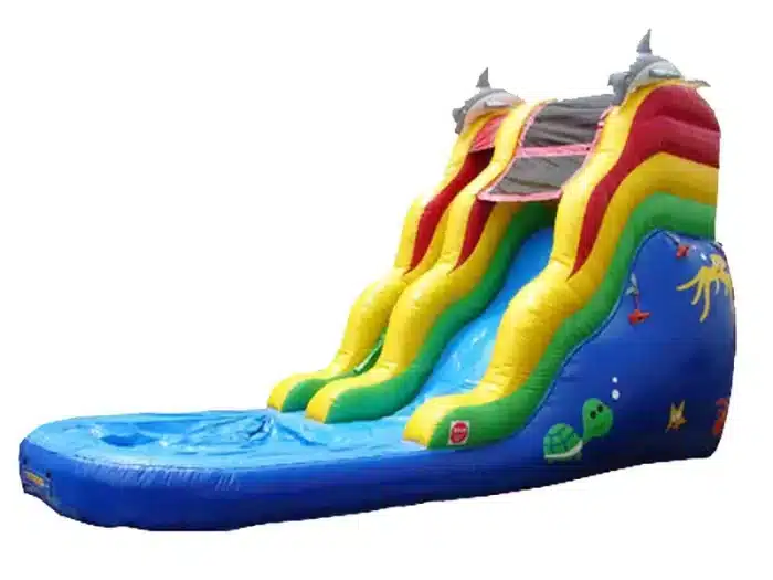 Ocean-themed inflatable water slide with dolphin accents, vibrant colors, and splash pool. Perfect for summer fun. Buy online in Canada today!
