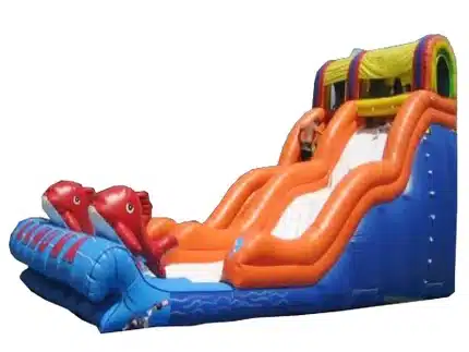 Dolphin-themed inflatable water slide with vibrant orange and blue design, double lanes, and splash pool. Perfect for summer fun. Buy online in Canada!