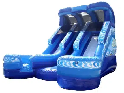 Dual-lane inflatable water slide with wave design and splash pool, featuring vibrant blue colors. Perfect for summer parties. Buy online in Canada!
