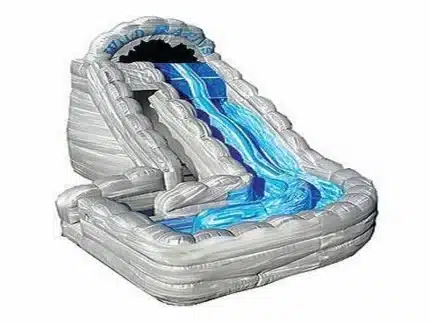 Shark-themed inflatable water slide with wave design and splash pool. Perfect for parties, durable and available for online sale in Canada.