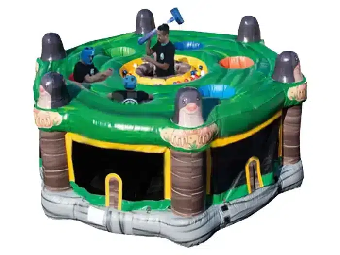 Inflatable human whack-a-mole game with vibrant green design and interactive fun. Perfect for group events. Buy online in Canada today!