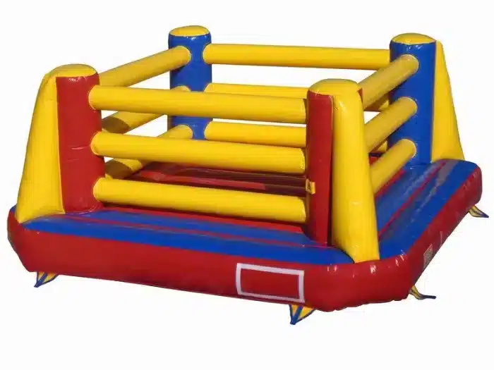 Inflatable boxing ring with vibrant red, yellow, and blue design. Perfect for fun competitions and events. Buy online in Canada today!