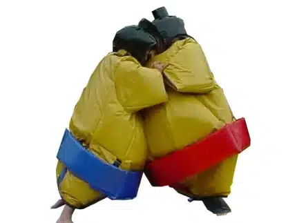 Sumo wrestling suits with padded helmets and red and blue belts. Perfect for fun party games and events. Buy online in Canada today!