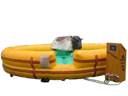 Inflatable mechanical bull ride with a padded yellow arena, perfect for parties and events. Fun and safe for all ages. Buy online in Canada today!