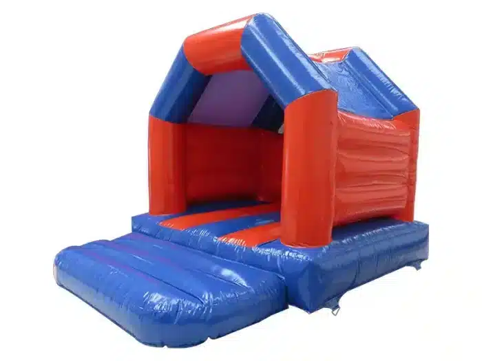 Compact red and blue inflatable bouncy house, perfect for kids' parties. Durable and affordable, available for online purchase in Canada!