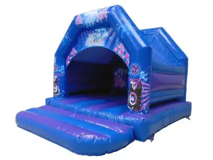 Blue and purple disco-themed inflatable bouncy castle with speaker designs, ideal for kids' parties. Buy online in Canada for fun-filled events!
