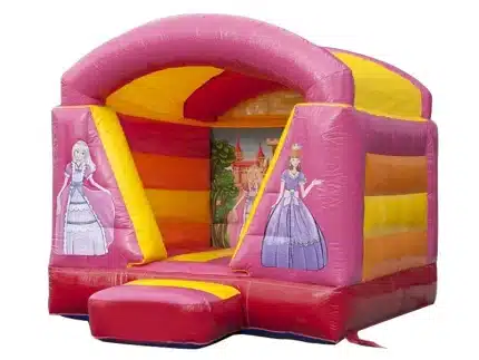 Princess-themed pink and yellow bouncy castle with castle backdrop, ideal for kids' birthday parties. Buy online in Canada for magical fun!