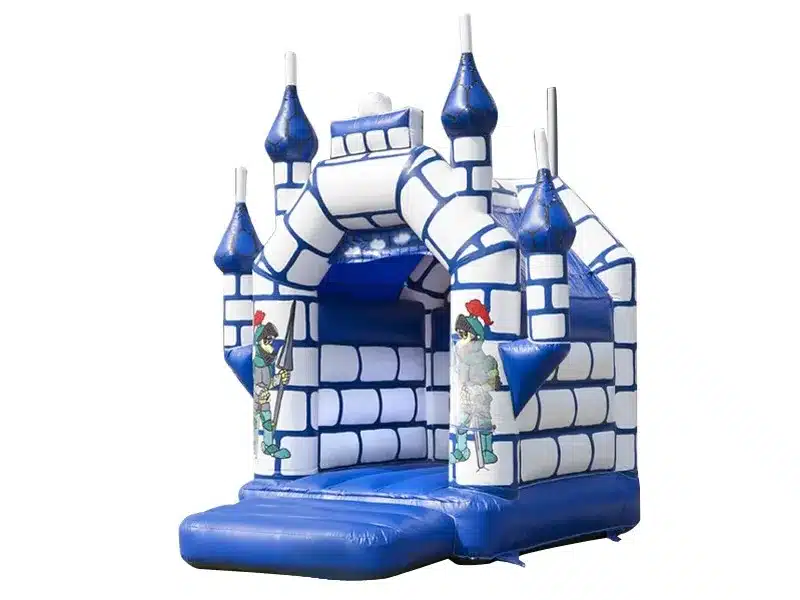 Blue and white inflatable castle bouncer with knight graphics, perfect for medieval-themed kids' parties. Buy online in Canada for endless fun!