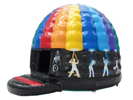 Disco dome bouncy castle with colorful panels, dance silhouettes, and speaker graphics. Ideal for parties. Buy online in Canada now!