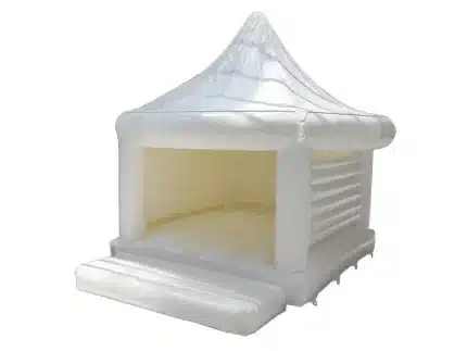 Elegant white wedding bouncy castle with canopy roof, perfect for events. High-quality and affordable. Buy online in Canada today!
