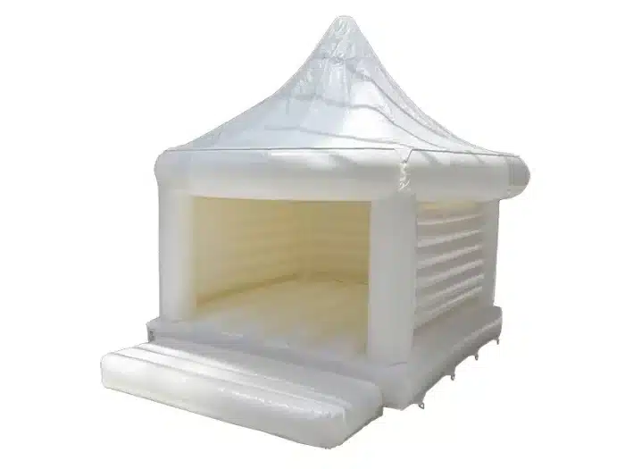 Elegant white wedding bouncy castle with canopy roof, perfect for events. High-quality and affordable. Buy online in Canada today!