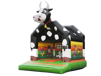 Farm-themed bouncy castle with a cow design, vibrant animal graphics, and green base. Perfect for kids' parties. Buy online in Canada today!