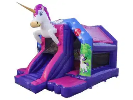 Unicorn-themed purple and pink bouncy castle with slide, perfect for kids' parties. High-quality, durable, and available for purchase in Canada.