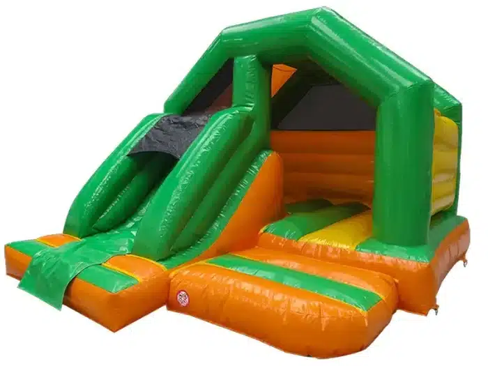Green and orange bouncy castle with slide, ideal for kids' parties. Durable, high-quality, and available for online purchase in Canada.