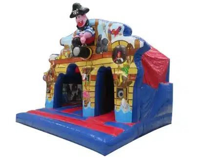 Pirate-themed inflatable bouncy castle with vibrant design and slide, perfect for kids' parties. Buy online in Canada for exciting adventures!