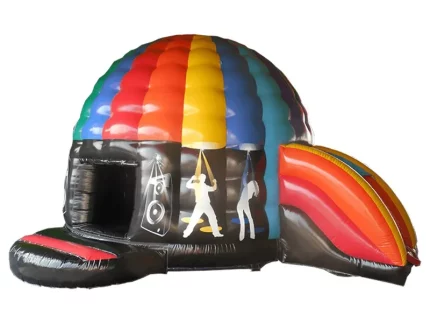 Colorful disco dome inflatable bouncy castle with built-in slide and dance theme, perfect for events. Buy online in Canada for fun-filled parties!