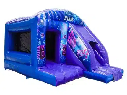 Disco-themed inflatable bouncy castle with slide, vibrant purple design, and built-in speakers. Perfect for parties! Buy online in Canada now!