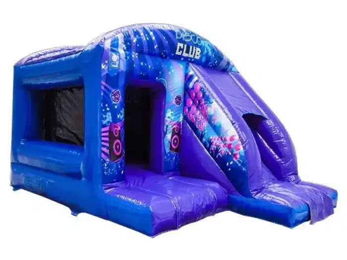 Disco-themed inflatable bouncy castle with slide, vibrant purple design, and built-in speakers. Perfect for parties! Buy online in Canada now!